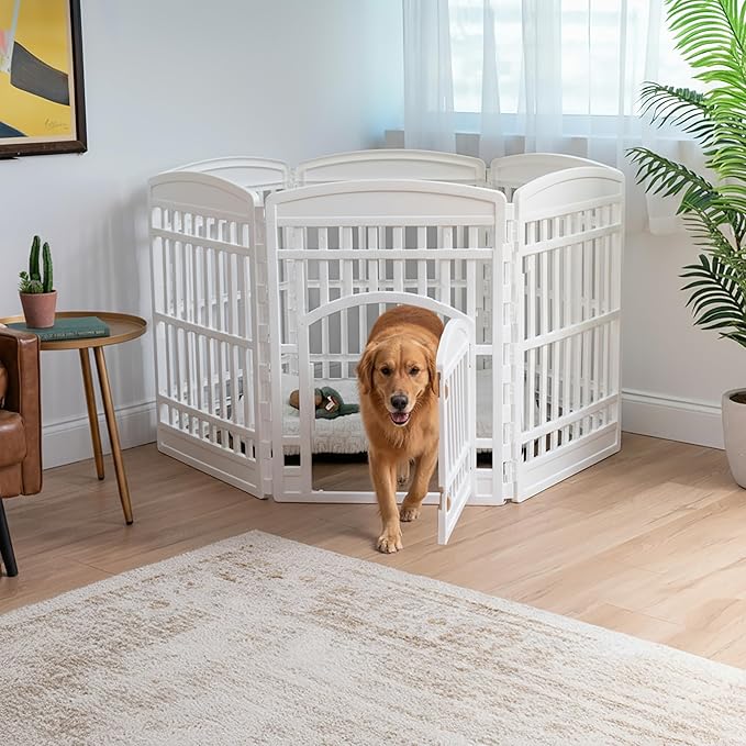 IRIS USA 34" 6-Panel Dog Playpen with Door, 44 x 63 x 34, Puppy Fence, Puppy Playpen, Dog Play Pen Indoors, Pet Fence, Puppies/Small Dogs, White