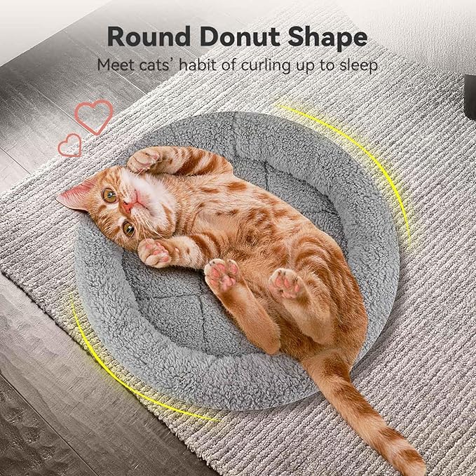 Round Cat Bed Washable Cat Donut Bed with Non-Slip Bottom Comfortable Soft Pet Bed for Indoor Cats/Gray （Diameter: 11.81"）