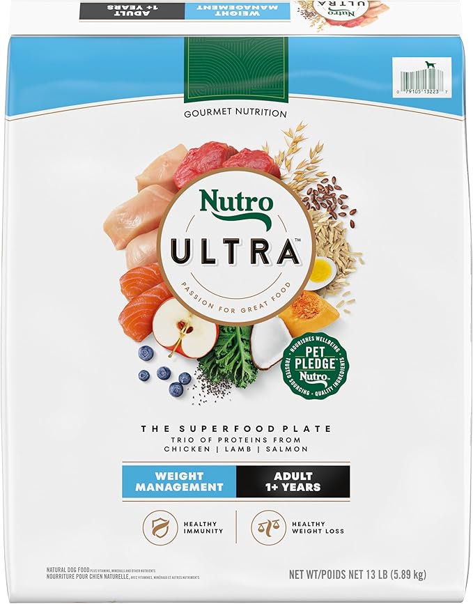 Nutro Ultra Adult Weight Management Dry Dog Food, Chicken, Lamb and Salmon Protein Trio, 13 lb Bag