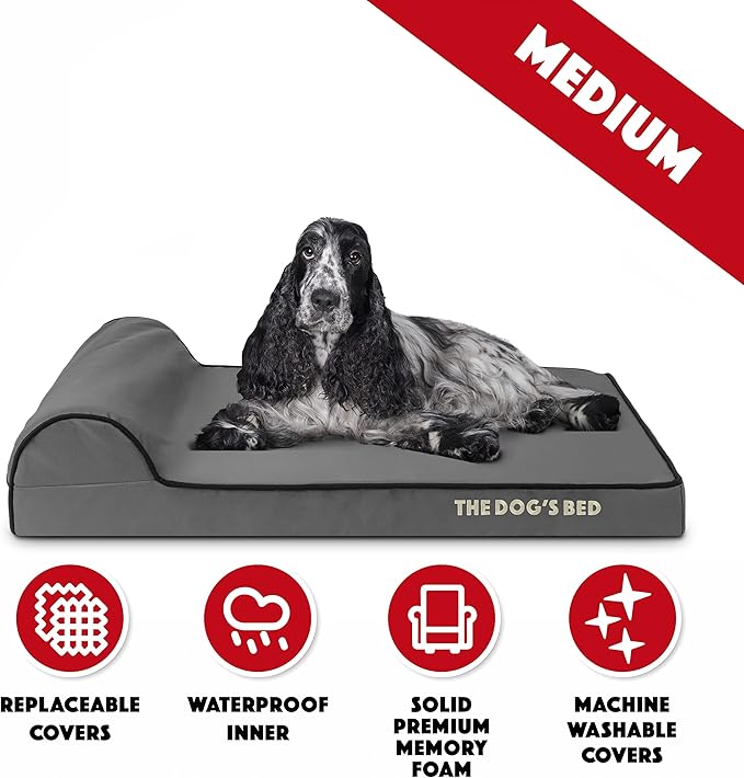 The Dog’s Bed Orthopedic Headrest Dog Bed Med Grey/Black, Memory Foam, Pain Relief: Arthritis, Hip & Elbow Dysplasia, Post Surgery, Lameness, Waterproof Washable Cover
