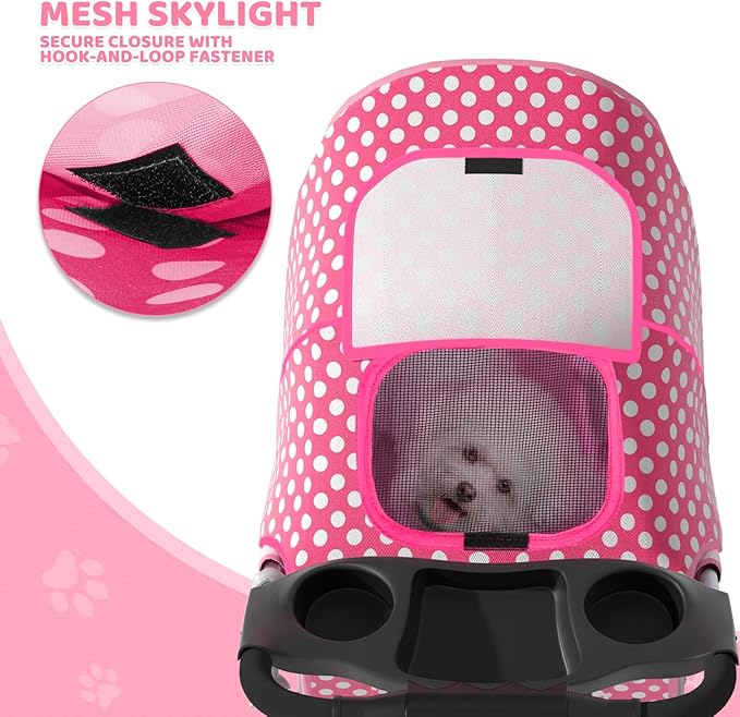 Magshion 3-Wheel Pet Stroller, Foldable Travel Jogger for Small & Medium Dogs & Cats (Up to 33lbs), Lightweight Carrier with Breathable Mesh Cover, Cup Holder & Storage Basket, Hot Pink Polka Dots