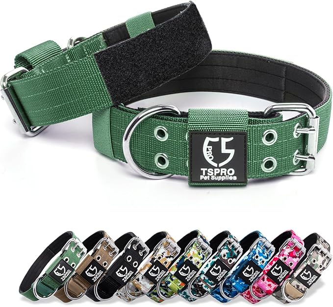 TSPRO Tactical Dog Collar, Adjustable, with Patch & Double Needle Metal Buckle, Heavy Duty for Large to Extra Large Dogs, Durable for Walking, Running, Hiking & Training (Green L-XL)