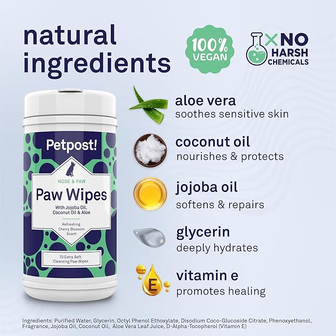 Petpost Paw Wipes for Dogs | 70 Count Dog Paw Cleaner Wipes with Coconut Oil, Jojoba Oil & Aloe | Gentle Pet Wipes for Paws | Large Ultra Soft Cotton Pads, Cherry Blossom Scent