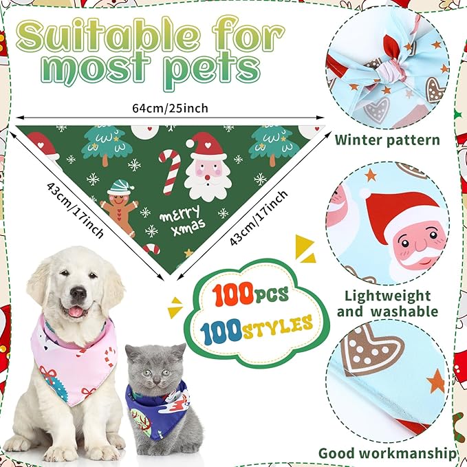 100 Pcs Christmas Dog Bandanas Bulk Pet Bibs Colorful Triangle Scarf Xmas Pet Bandanas for Medium Large Dogs Christmas Party Xmas Costume Decor