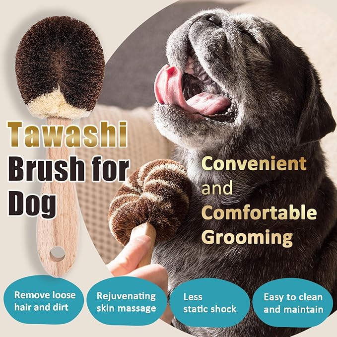 Dog Grooming Massage Tawashi Brush with Wood Handle Less Static Natural palm fiber Made in Japan (Large dog)
