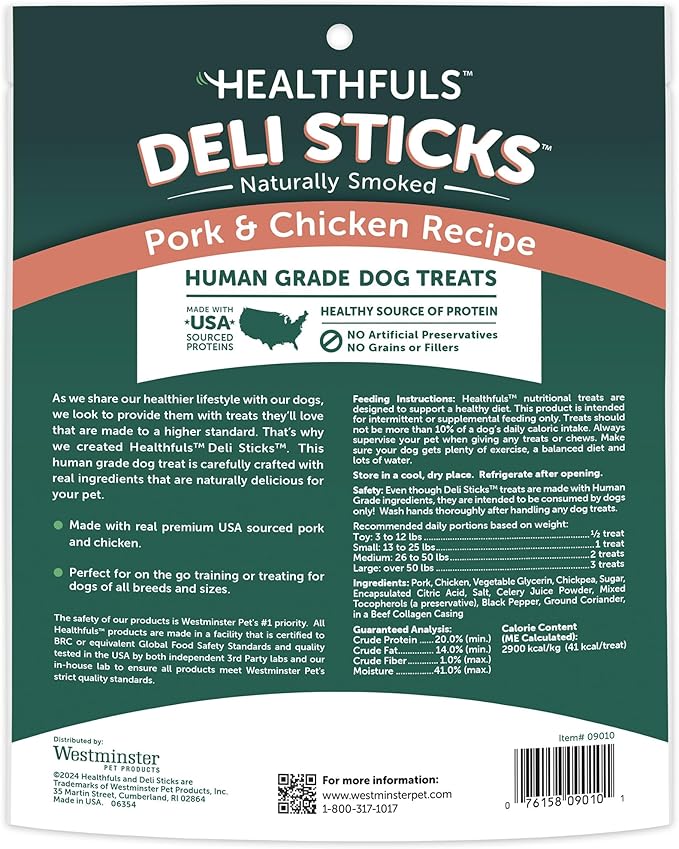 HEALTHFULS Deli Sticks Pork and Chicken Human-Grade Gluten-Free Soft and Chewy Dog Treats, 10 Count Bag