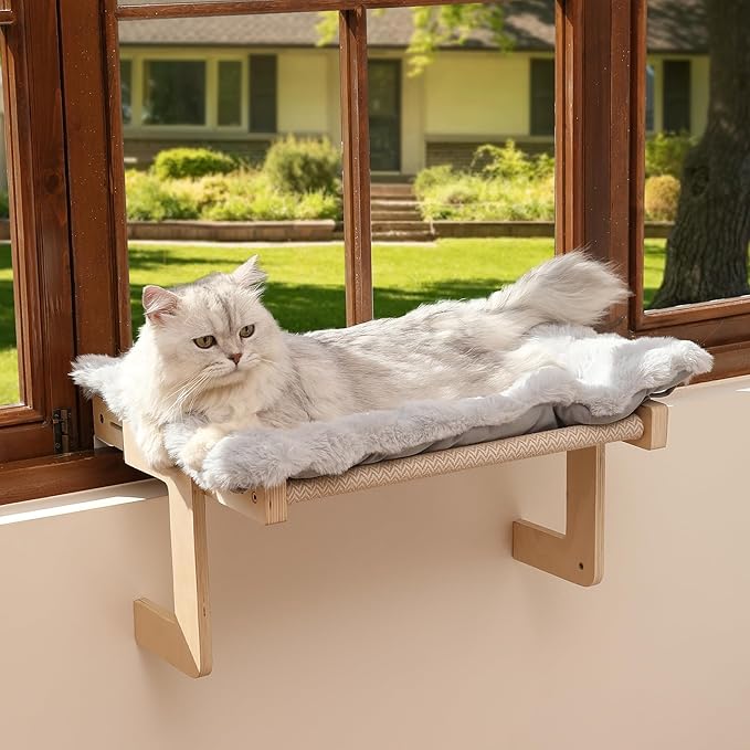 FUKUMARU Cat Window Perch, Transformable Cat Hammock with Fluffy Cushion for Windowsill and Floor, Cats Window Bed for Large Cats and Kittens, Reinforced Wood and Metal Frame, Easy to Adjust Pet Pech