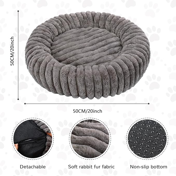 Cat Bed Round, Washable Calming Pet Bed, Ultra Soft Puppy Bed for Small Dogs with Non-Slip Bottom (20×20inch, Grey)