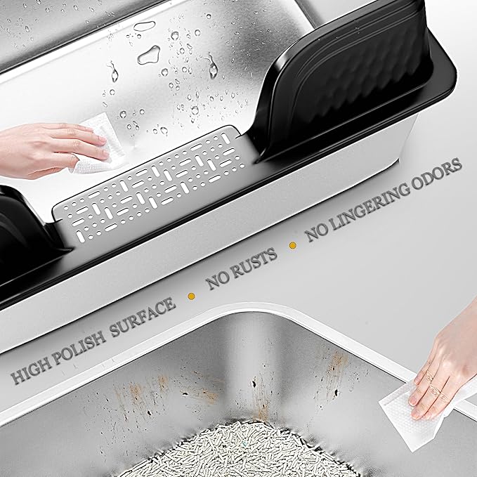 Vealind XXL Stainless Steel Cat Litter Box High Sided with Lid 23.7" L x 16" W x 14" H Side Entry Extra Large Metal Cat Litter Pan with Scoop and Mat for Big Cats Black