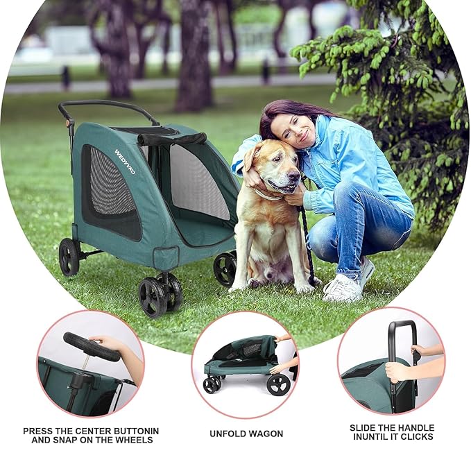 Dog Stroller with 4 Wheels, Folding Cat Strolling for 2 Small/Medium/Large Dogs & Cats to 120 lbs, All-Terrain Breathable Mesh Lightweight Travel Carrier for Jogger Outdoor Use (Dark Green)