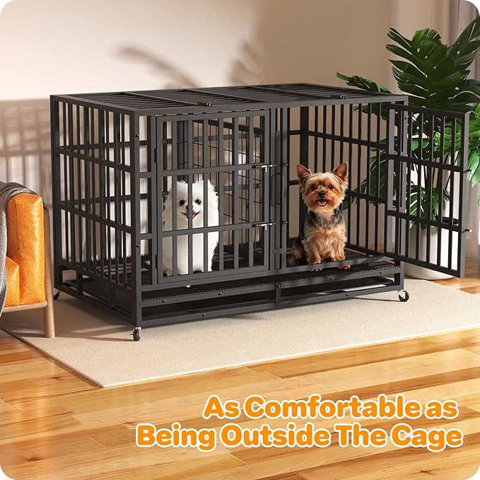 Heavy Duty Indestructible Dog Crate 48 Inch with Removable Tray, Sizes & Colors Optional, Escape Proof Double Door High Anxiety Cage Indoor, Kennel with Wheels for Large Dogs, XL XXL XXL