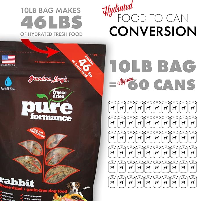 Grandma Lucy's PUREformance Dog Food, Grain Free and Freeze-Dried - Rabbit, 10 Pound Bag