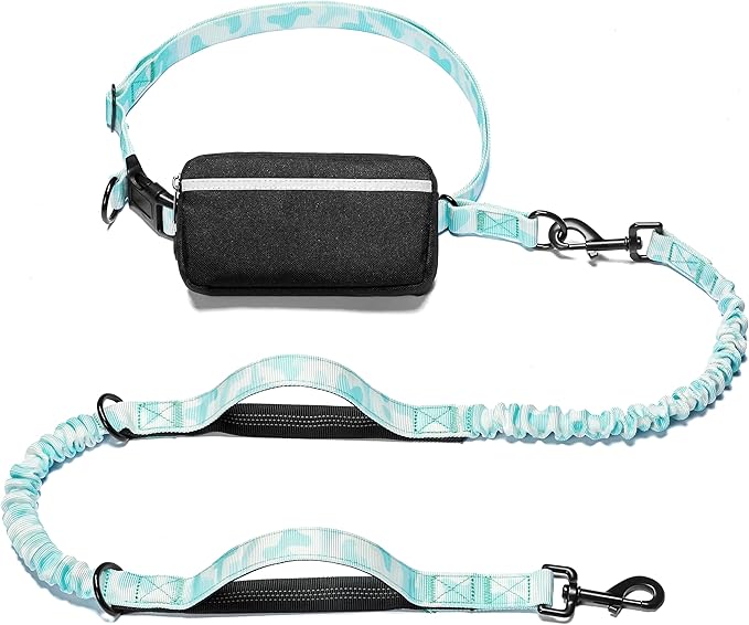 iYoShop Hands Free Dog Leash with Zipper Pouch, Dual Padded Handles and Durable Bungee for Walking, Jogging and Running Your Dog (White-Blue Mix, Large)