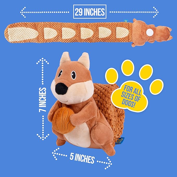 Crinkle Dog Toy Plush Toy - Long Tug-of-War Squeaky Dog Toy Boredom Buster Toys with Snack Pockets - Durable Enrichment Mentally Stimulating Toys for Dogs Small, Medium, Large - Squirrel