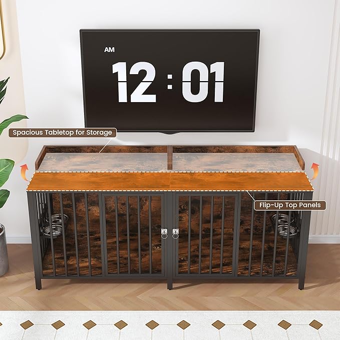 BOINN 78 Inch Dog Crate, Large Dog Crate for 2 Dogs, Dog Kennel Indoor for Large/Medium Dogs with Top Access Door, XL Wooden Dog Cage with 360 Degree Rotatable Stainless Bowls, Heavy Duty Steel Frame