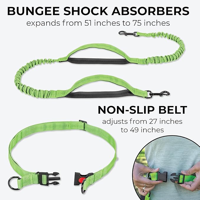 Squirrel Products Hands Free Dog Leash with Hip Belt/Crossbody Strap, Zipper Pouch, and Shock Absorbing Bungee for Walking or Jogging with pet (Green, Black)