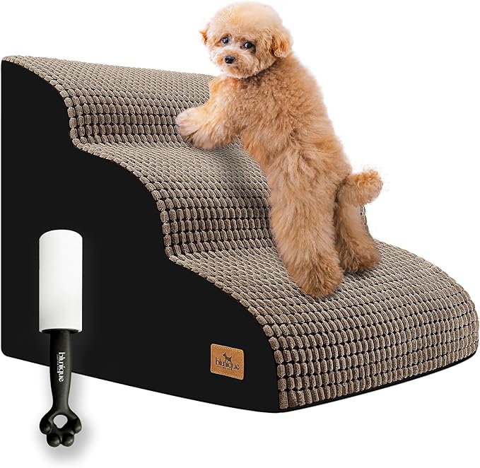 Dog Stairs for Small Dogs, 15.8 in H 3 Step Curved Dog Ramp for High Bed and Couch, Foam Dog Ramp with Durable Non-Slip Waterproof Fabric Cover, Pet Stairs for Pets Joints, Brown