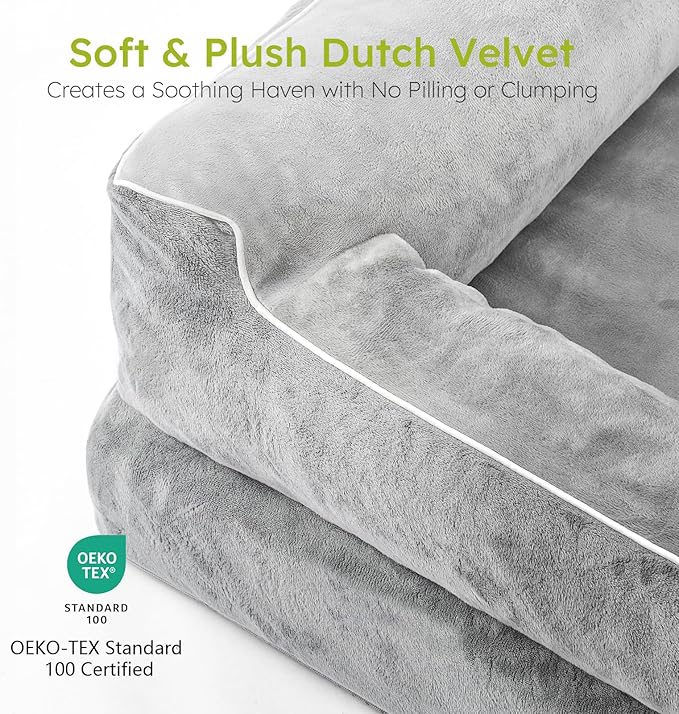 Extra Large Dog Bed, Orthopedic Pet Bed with Cooling Gel Memory Foam, Waterproof XL Dog Bed with Removable Washable Cover, 42" Pet Sofa Couch Dutch Velvet with Blanket Bone Toy, Light Gray