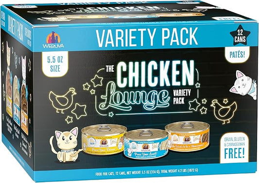 Weruva Wet Cat Food, The Chicken Lounge Paté Variety Pack, 5.5oz Can, Pack of 12
