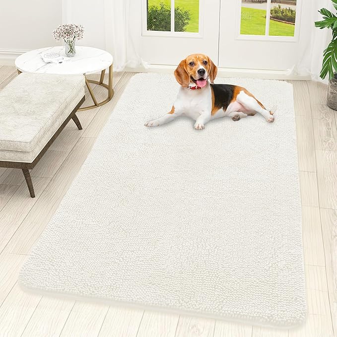 OLANLY Dog Door Mat for Muddy Paws 59x32, Absorbs Moisture and Dirt, Absorbent Non-Slip Washable Doormat, Quick Dry Chenille Mud Mat for Dogs, Entry Indoor Entryway Carpet for Inside Floor, Ivory