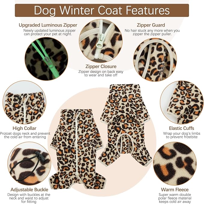 ROZKITCH Dog Pajamas Fleece, Pet Windproof Warm Cold Weather Jacket Vest with Luminous Zipper, Jumpsuit Apparel Outfit Clothes for Small Medium Large Dog Brown M
