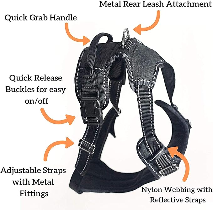 4Knines No Pull Dog Harness for Large Dogs – Adjustable Reflective Harness with Front & Back Leash Clips – Durable, Easy Control for Walks & Training (Black)