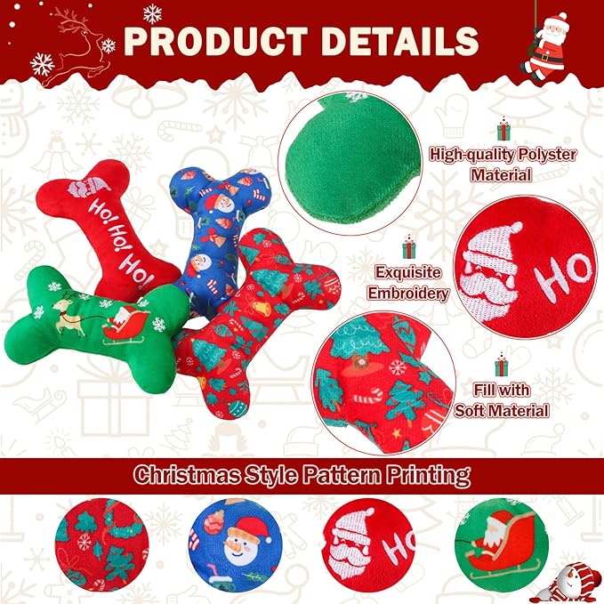SCENEREAL Christmas Dog Toy Pack 4, Durable Cute Interactive Dog Stuffed Plush Squeaky Toys with Squeaker, Pet Chew Toys for Small Medium Dogs Puppies Bone Shape