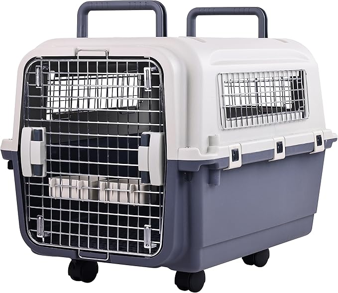 Elevon Plastic Kennels Pet Carrier Rolling Plastic Airline Approved Wire Door Travel Dog Crate, Medium (26.5" L x 20" W x 18.8" H)