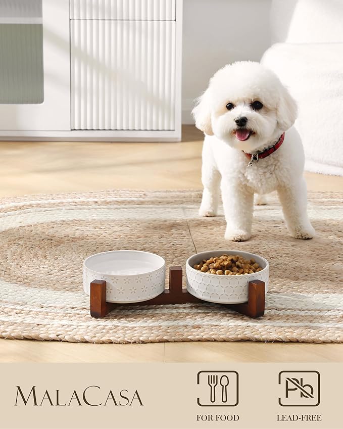 MALACASA Dog Bowl Set with Walnut Wood Stand, 1.5 Cups Ceramic Pet Bowls for Puppy Dogs, Dual Food and Water Bowls with Non-Slip Base, Basic Bowls for Your Dog or Cat, Five-Leaf Grass & Honeycomb