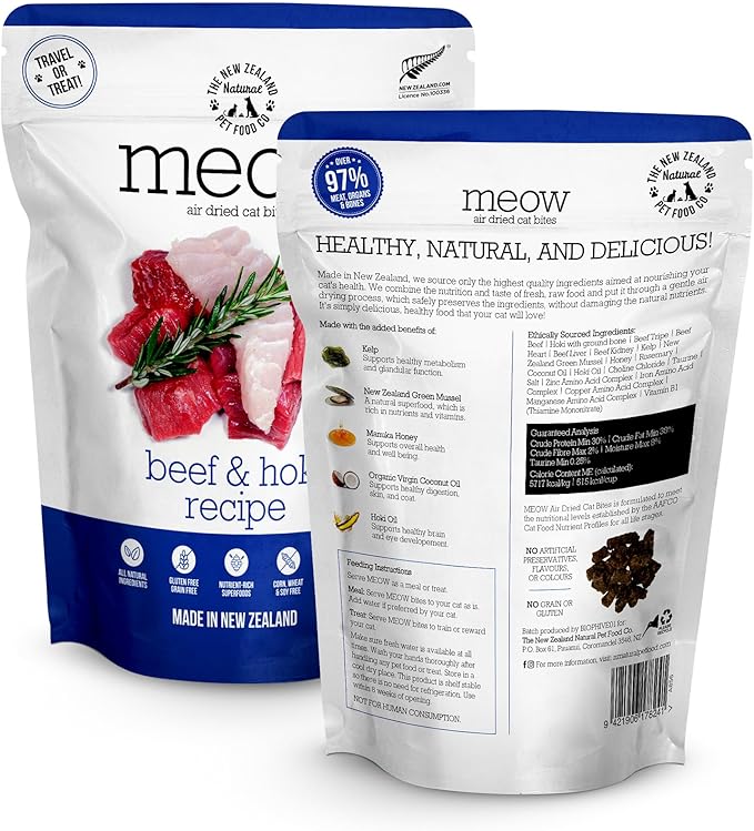 The New Zealand Natural Pet Food Co Meow Air Dried Cat Food - Beef & Hoki Recipe,High Protein Dry Cat Food, Training Treats, Meals & Toppers,3.5oz