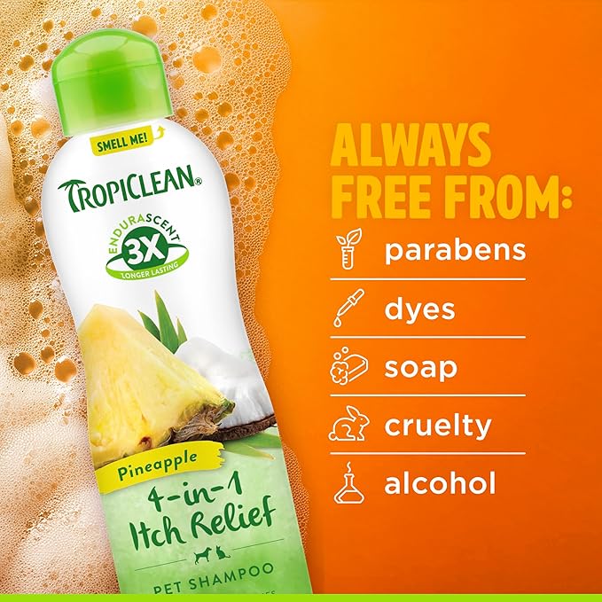 TropiClean Itch Relief Dog Shampoo, Powerful Odor Control, Long-Lasting Pineapple Scent, Puppy Safe, Made in The USA, Cat Friendly, 20oz.