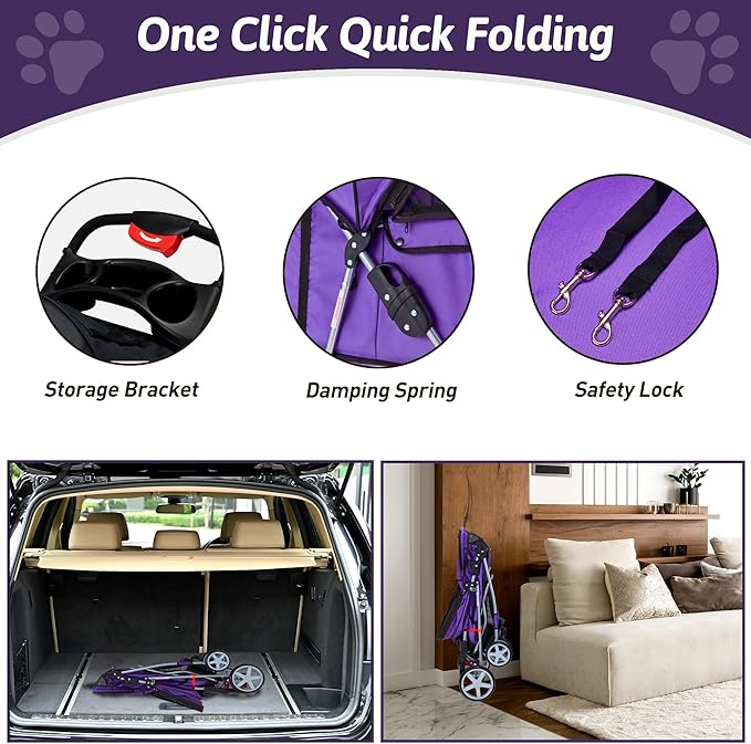 Pet Stroller, 4 Wheels Pet Strolling Cart for Medium/Small Dogs and Cats, Foldable Cat Jogger/Dog Stroller with Cup Holder, Storage Basket, Breathable Mesh, All-Season Pet Carrier, Purple