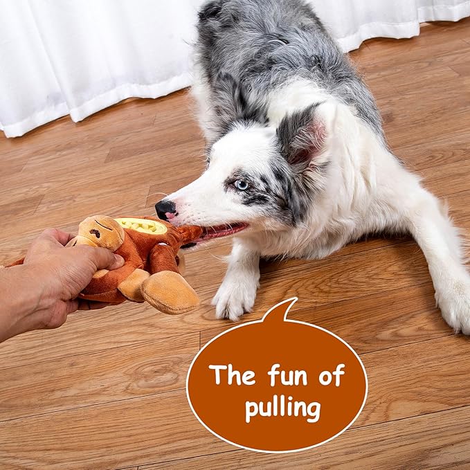 Hollypet Squeaky Plush Stuffed Dog Puzzle Toy with Slow Feeder Bowl, Interactive Chew Toy for Small and Medium Dogs, Tug of War Dog Toys, Monkey