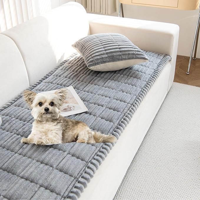 Faux Fur Plush Dog Couch Cover 3D Stripe Fuzzy Sofa Cover Non-Slip Fluffy Dog Bed Cover Pet Blanket Sofa Couch Furniture Protector for Puppy Large Dog Cat (Light Grey,31"x31")