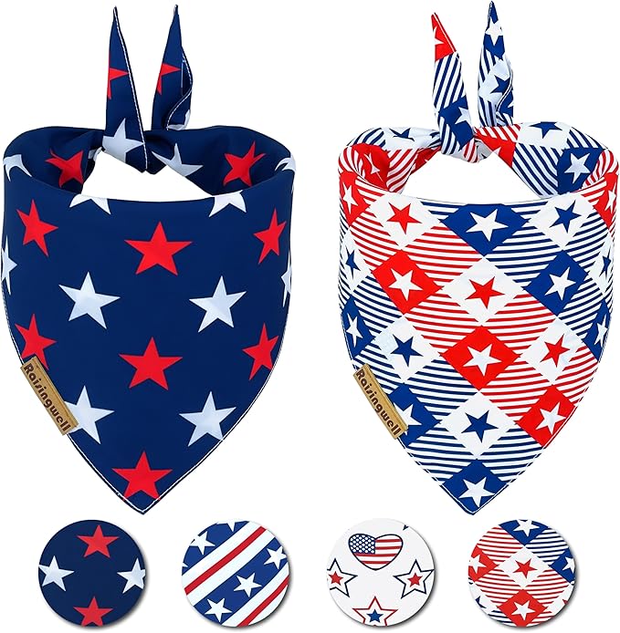 4th of July Dog Bandanas 2 Pack, 4 Pattern Reversible Holiday Bandana for Boy and Girl, Premium Durable Fabric, Summer Triangle Scarf for Medium to Extra Large Breed Dogs (X-Large)