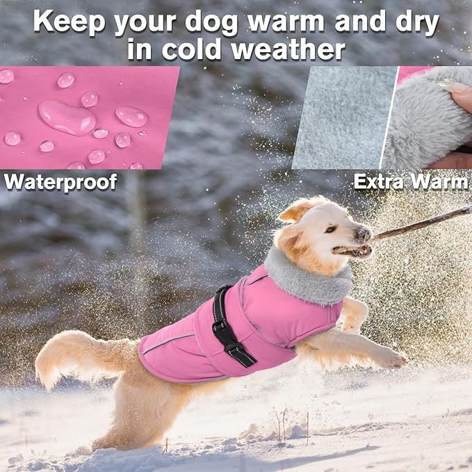 Lelepet Warm Dog Coat Reflective Fleece Vest Waterproof Dog Jacket with Adjustable Buckle Hook & Loop Windproof Cold Weather Coats for Small Medium Large Dogs, Pink, XXL