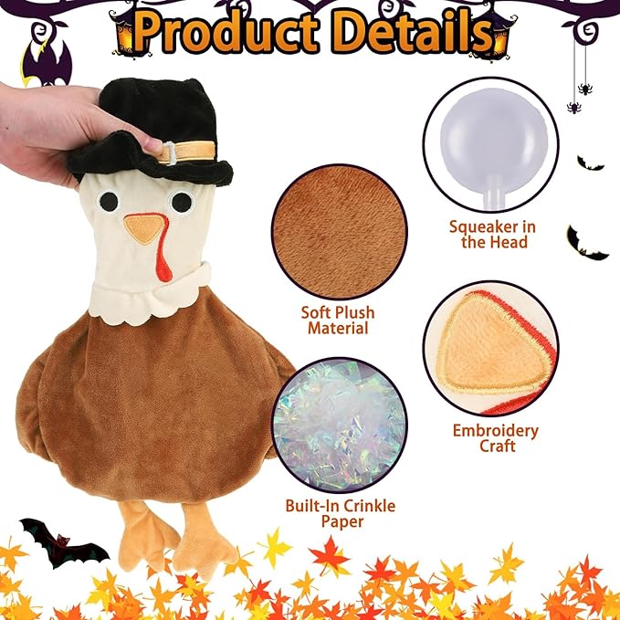 BINGPET Dog Squeaky Toys,2 Pack No Stuffing Halloween & Thanksgiving Dog Toys, Pumpkin & Turkey Interactive Plush with Squeaky Ball and Crinkle Paper, Durable Fun for Small Medium Large Dogs