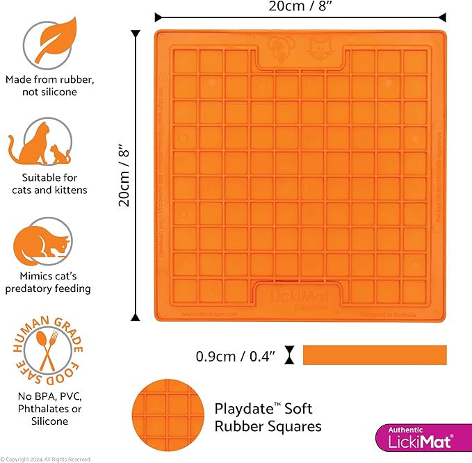 LickiMat Classic Playdate, Cat Slow Feeder Lick Mat, Boredom Anxiety Reducer; Perfect for Food, Treats, Yogurt, or Peanut Butter. Fun Alternative to a Slow Feed Cat Bowl or Dish, Orange