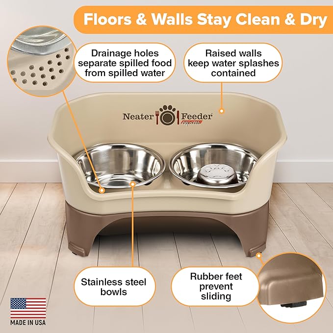 Neater Feeder - Express Model w/Slow Feed Bowl - Mess-Proof Dog Bowls (M/L, Cappuccino) Made in USA –Elevated, No Spill, Non-Tip, Non-Slip, Raised Stainless Steel Food/Water Pet Bowls Aid Digestion