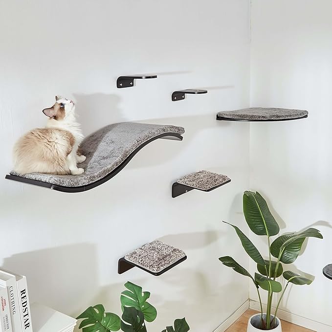Cat Shelf with Comfortable Cushion - Wave Modern Cat Bed - Minimalistic Floating Wall Perch - Wooden Wall Mounted Cats Furniture for Sleeping, Playing, Climbing, and Lounging, Walnut