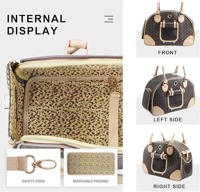 Fashion Dog Carrier PU Leather Dog Handbag Dog Purse Cat Tote Bag Pet Cat Dog Hiking Bag, Brown, Large 42 * 29 * 18cm