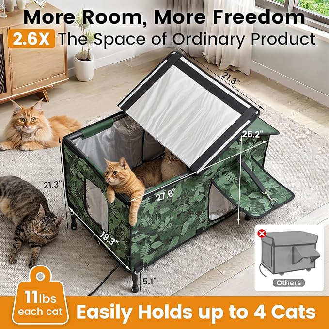 Heated Cat House for Outside in Winter, Weatherproof & Insulated Large Cat Shelter with Heated Cat Bed and 2 Safe Escape Doors for Multiple Stray/Feral Cats(Leaf Pattern, 27.6"x19.3"x21.3")