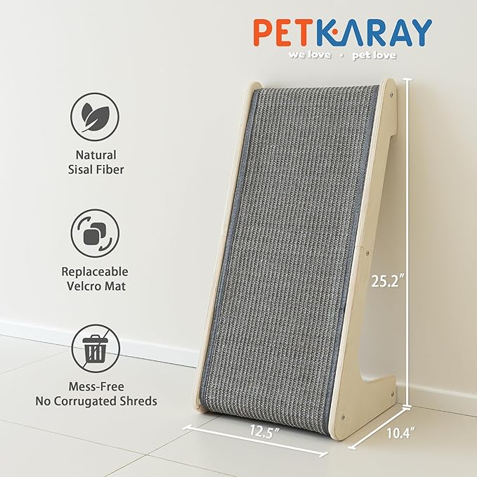 PETKARAY L Shape Cat Scratcher, Sisal Kitty Scratching Ramp, Vertical Scratch Pad for Indoor Cats, 25.5" Furniture Protector with Catnip, Grey