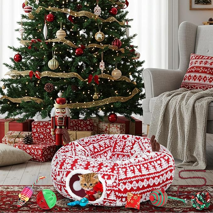 Christmas Cat Tunnel Bed with 8 Cat Toys Fluffy Plush Dog Tunnel Bed with Washable Cushion and Dangling Balls 3FT Multifunctional Playground for Small Medium Large Rabbit(Snowflake,Red)