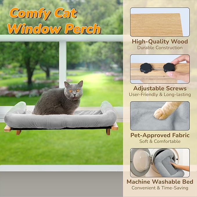 45LBS Capacity Cat Window Perch with Bolster, Hammock Seat with Plywood & Metal Frame, Cat Window Bed for Indoor Cats & Kitten, Extra Cood Pad (Walnut Wood & Brown Cushion, 24.8''W x 9.4''H)