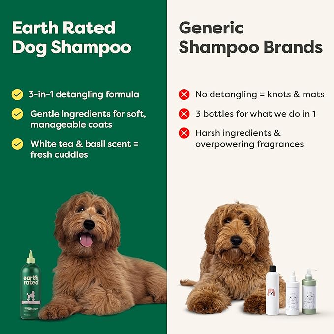 Earth Rated 3-in-1 Detangling Dog Shampoo and Conditioner, Deodorizing Oatmeal Shampoos for Dogs and Puppies, Great for Smelly Pets, White Tea and Basil Scent, 16 oz