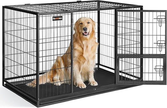 Feandrea 48 Inch Heavy Duty Dog Crate, Metal Escape Proof Dog Kennel with Double Doors and Convenient Feeding Door, Removable Tray, Easy to Clean, XXL Dog Crate for Large and Medium Dogs, Black