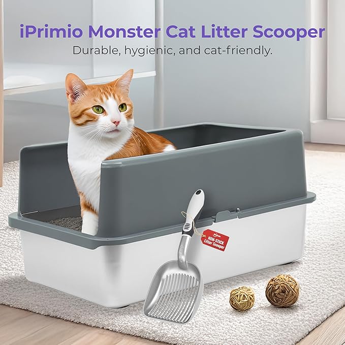 iPrimio Cat Litter Scooper Deep Shovel with Holder - (Silver XL) - Non-Stick Pooper Scooper Shovel Kitty Litter Sifter - Patented Solid Aluminum Poop Scoopers with Long Handle, Easy Grip, Pet Supplies