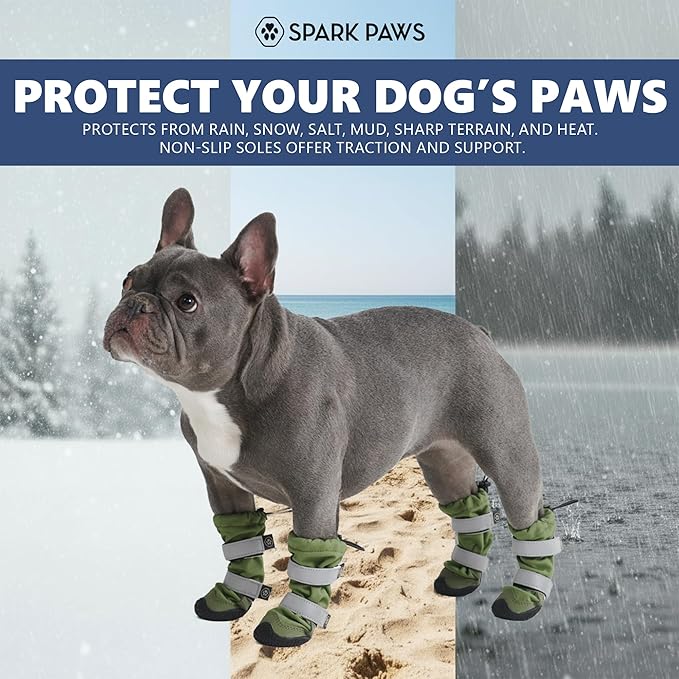 Spark Paws Dog Shoes, Waterproof Dog Boots for Medium to Large Dogs, Non Slip, Breathable Dog Booties and Paw Protectors - 4PCS Doggie Hiking Boots with Reflective Straps - Green - Size 2