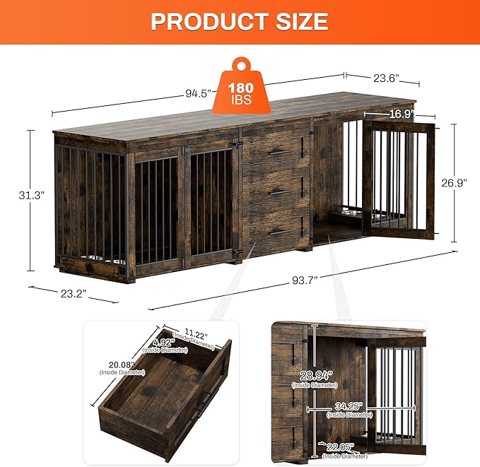 Rophefx 94.5" Dog Crate Furniture for 2 Dogs, Large Dog Kennel Furniture with 3 Storage Drawer, Wooden Dog Cage with 4 Bowls, Indoor Dog House TV Stand with Locks for Large Medium Dog, Rustic Brown